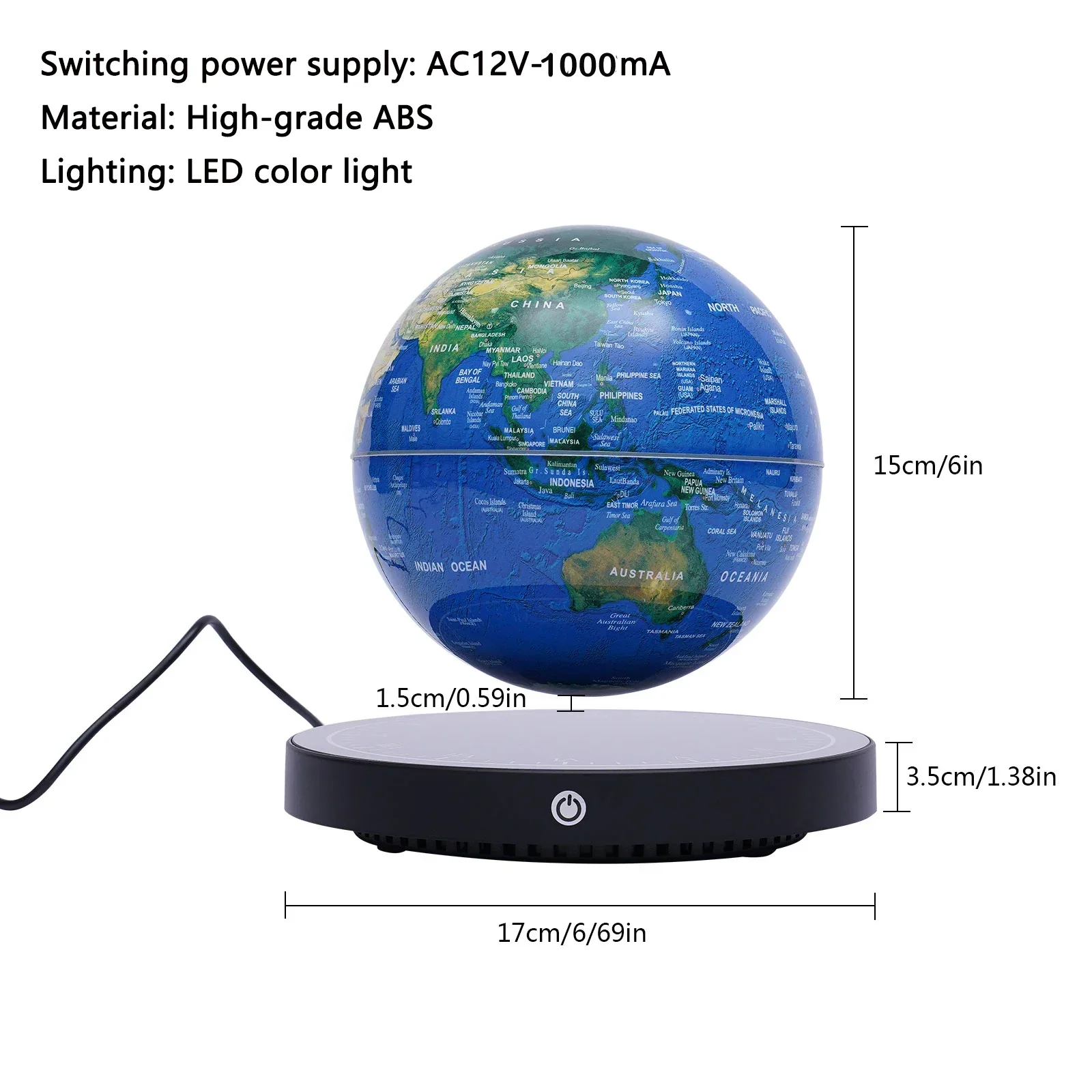 6 Inch Floating Levitating Globe RGB Light Magnetic World Map Desk Decor Gift - Image 3