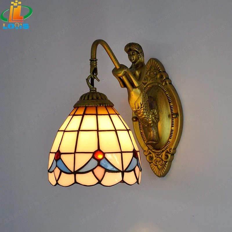 6" Tiffany Style LED Wall Lamp Mermaid Glass Bedroom Living Room Vanity Light - Image 3
