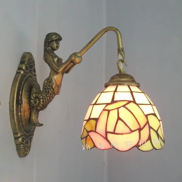6" Tiffany Style LED Wall Lamp Mermaid Glass Bedroom Living Room Vanity Light - Image 4