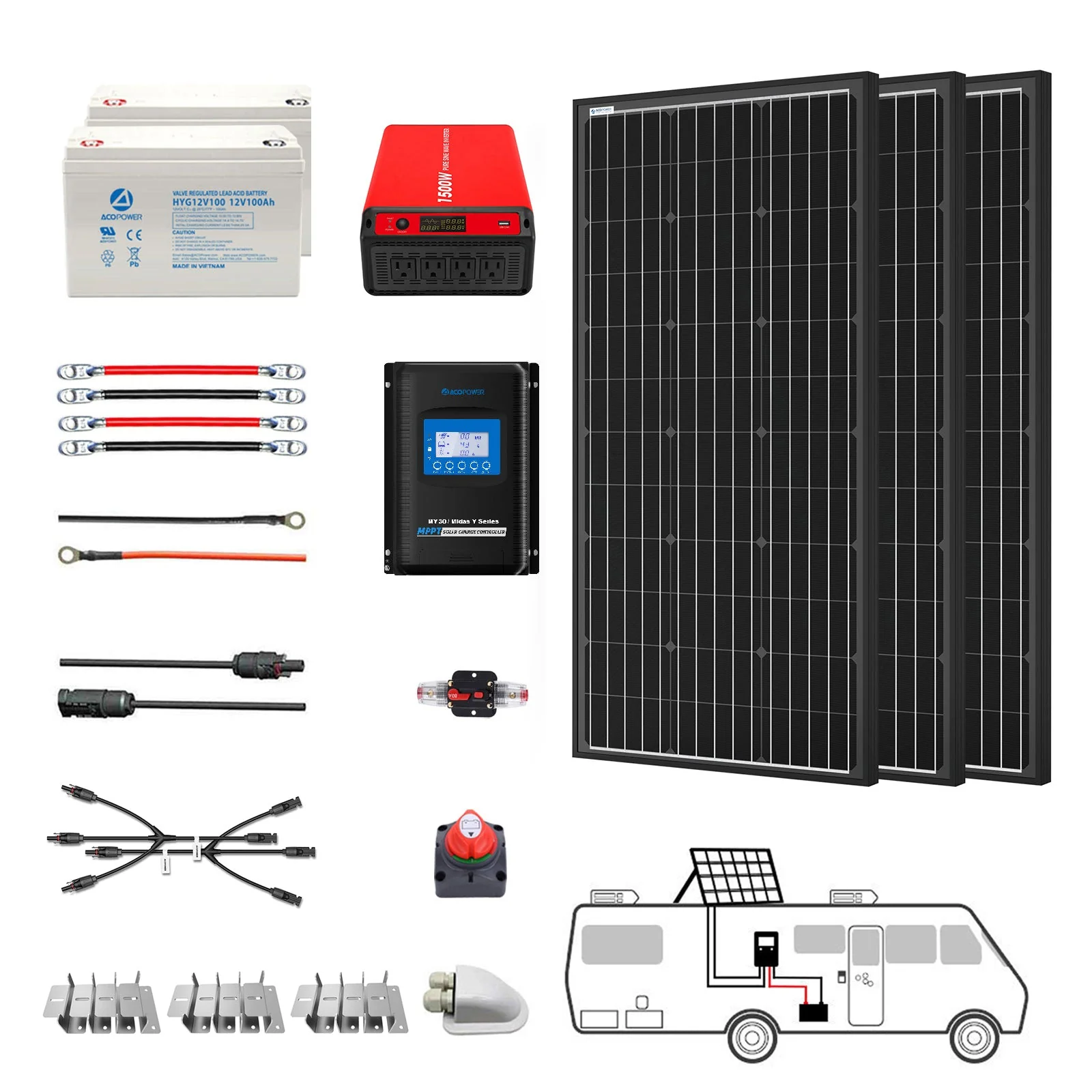 ACOPOWER Deep Cycle GEL Battery Mono Solar Power Complete System with Battery and Inverter for RV Boat 12V Off Grid Kit - Image 9