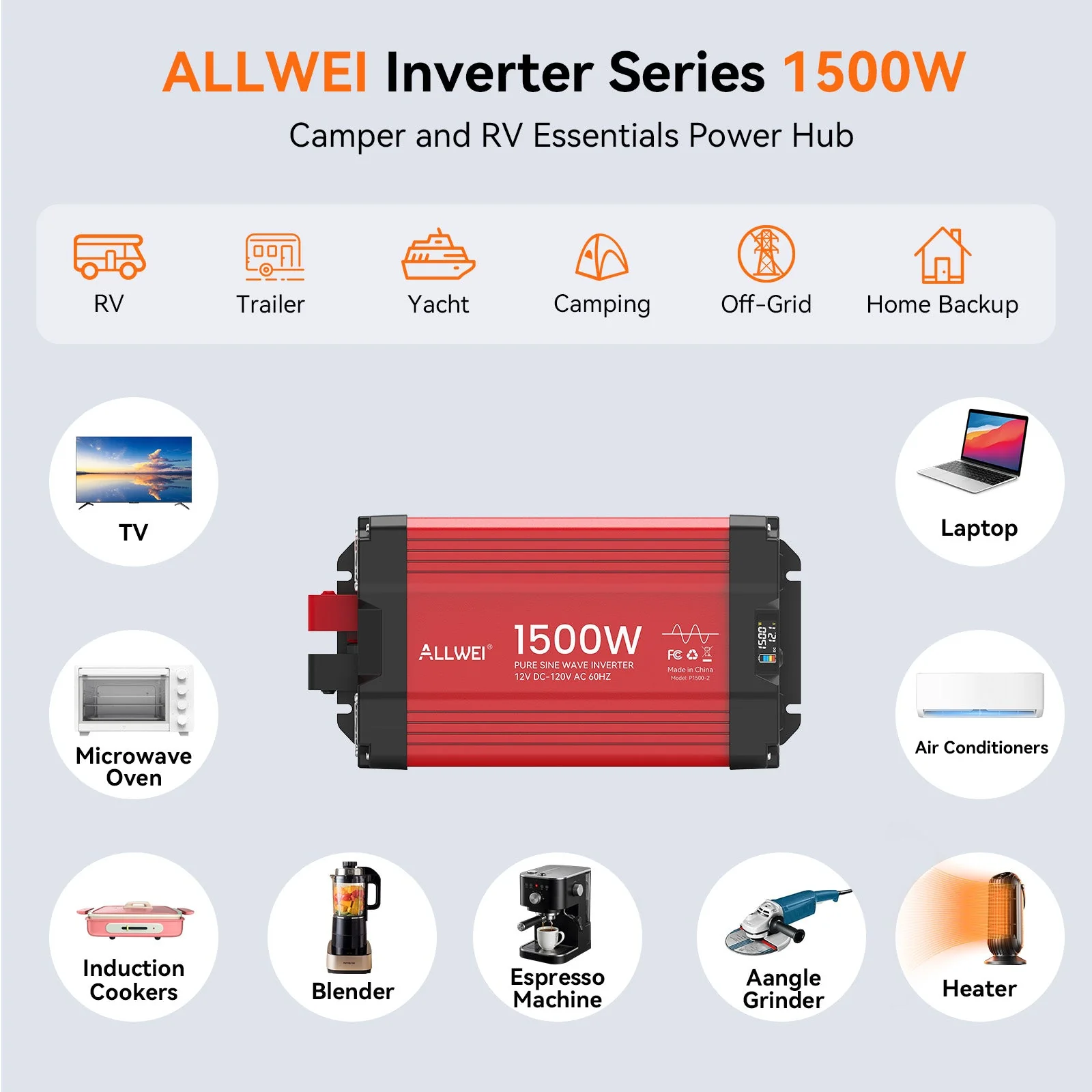 ALLWEI 1500W Pure Sine Wave Inverter 12V to 120V AC - Image 3