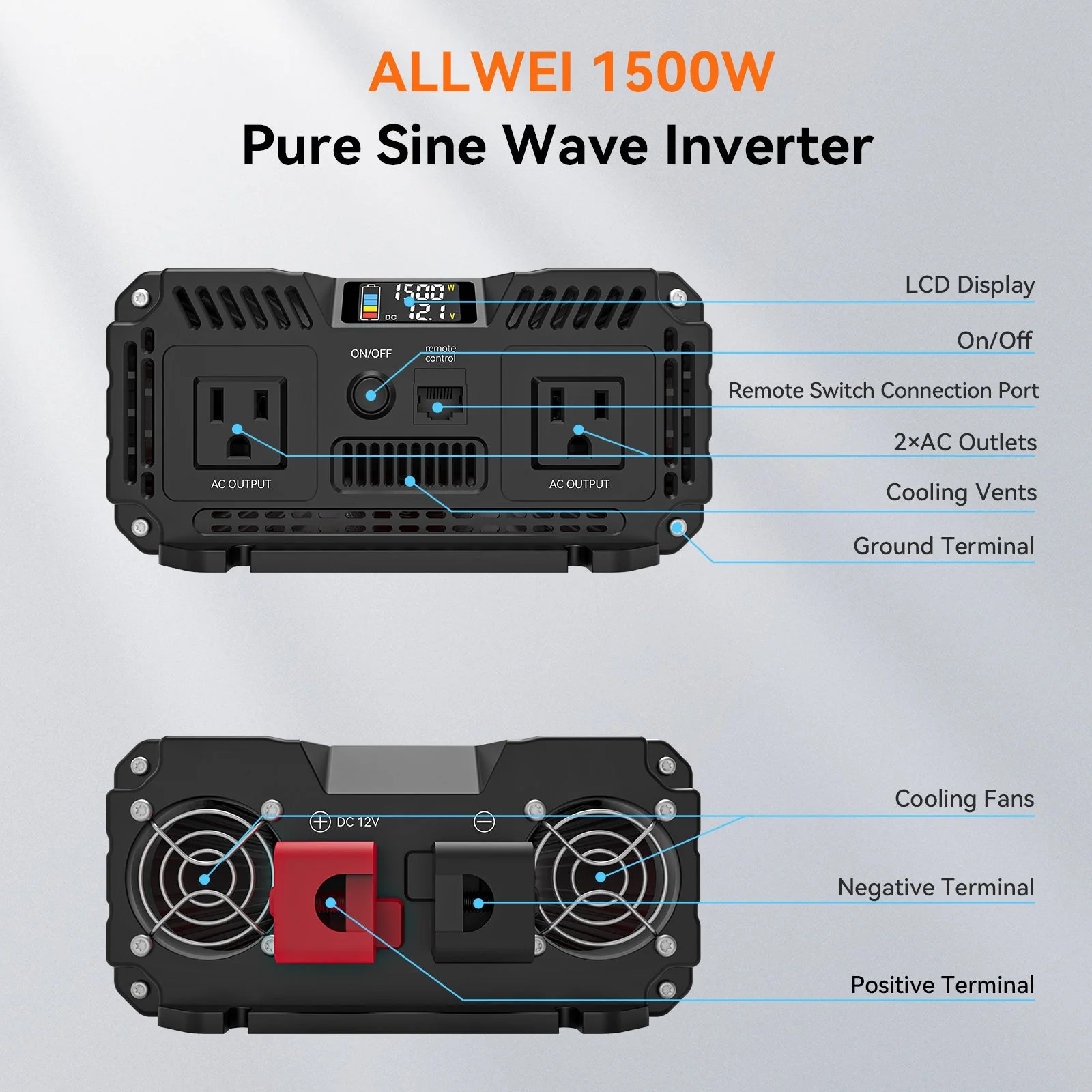 ALLWEI 1500W Pure Sine Wave Inverter 12V to 120V AC - Image 6