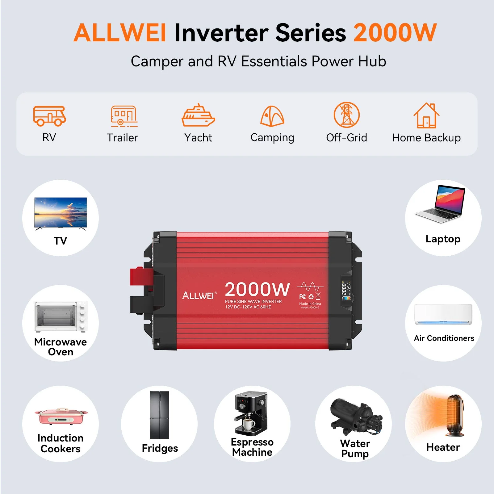 ALLWEI 2000W Pure Sine Wave Inverter - 12V DC to 120V AC Power Converter - Image 3