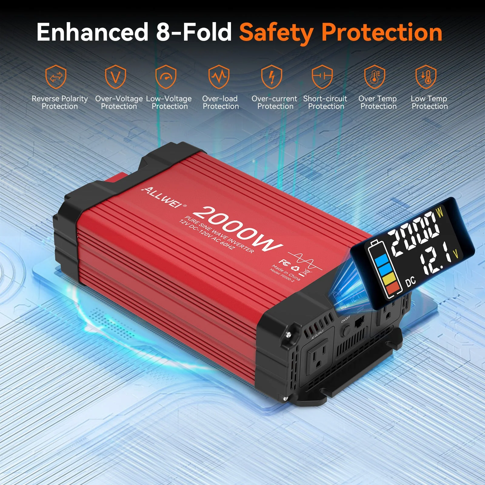 ALLWEI 2000W Pure Sine Wave Inverter - 12V DC to 120V AC Power Converter - Image 5