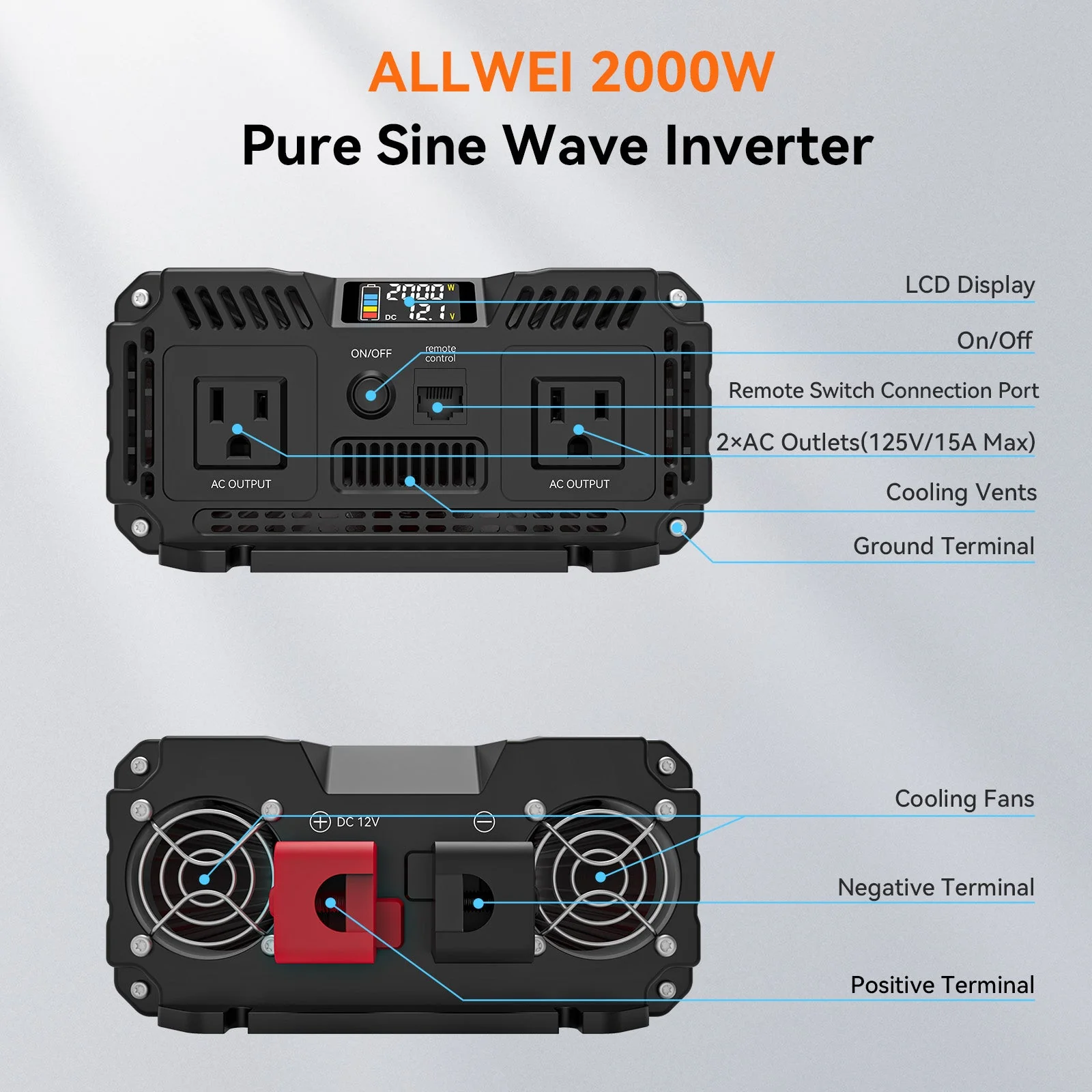 ALLWEI 2000W Pure Sine Wave Inverter - 12V DC to 120V AC Power Converter - Image 6
