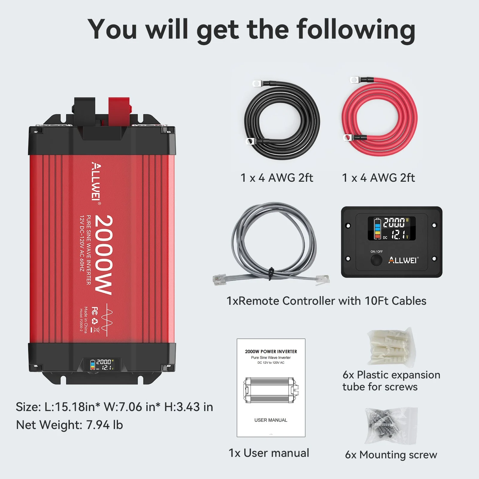 ALLWEI 2000W Pure Sine Wave Inverter - 12V DC to 120V AC Power Converter - Image 7