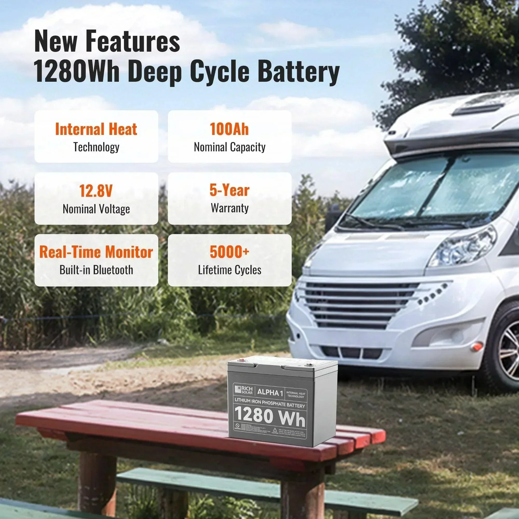 Rich Solar ALPHA 1 | 12V 100Ah LiFePO4 Battery | Powerful 12V Lithium Battery for RVs, Trailers, Vans, Boats, Off-Grid | 5,000 Lifetime Cycles | Bluetooth and Internal Heat Technology - Image 9
