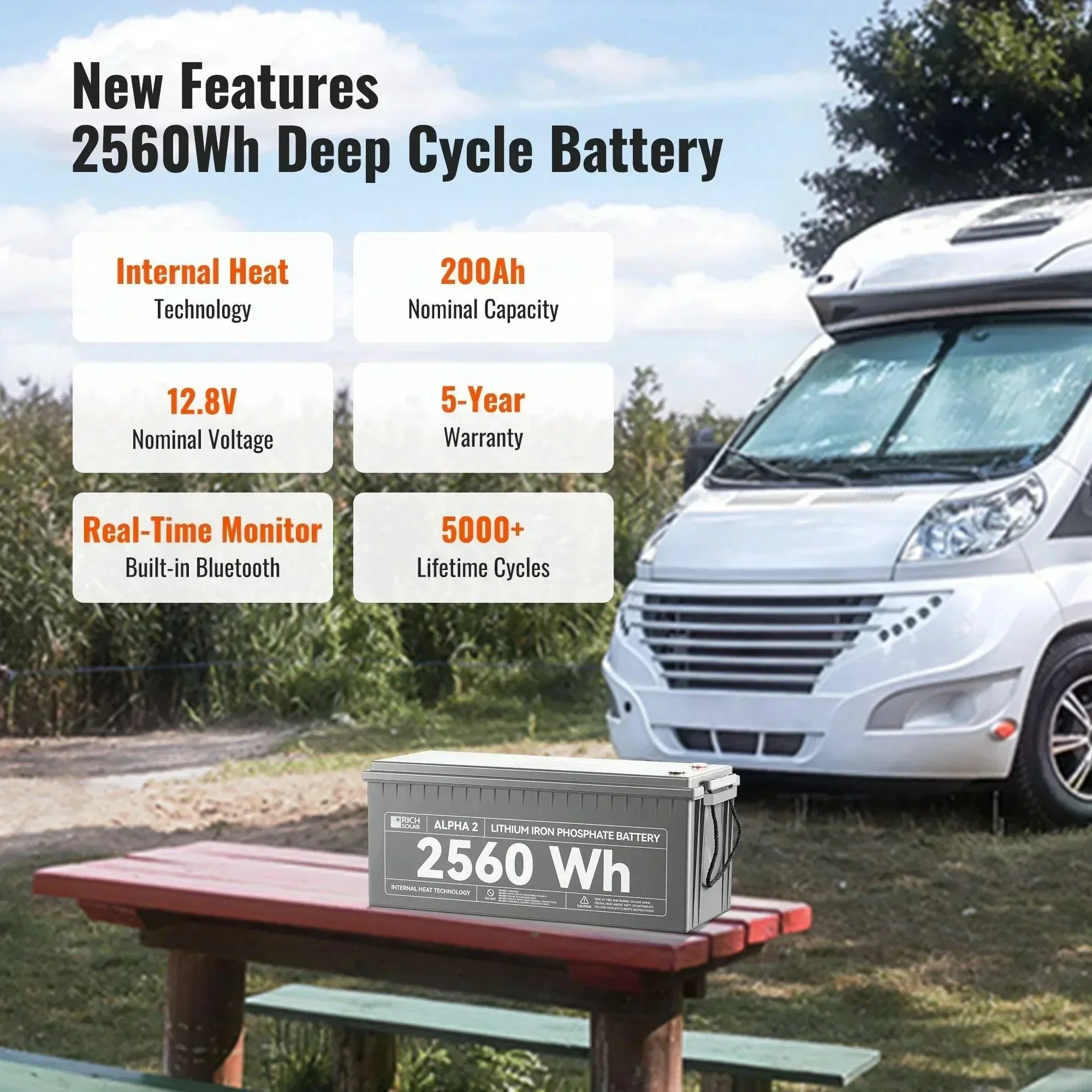 Rich Solar ALPHA 2 | 12V 200Ah LiFePO4 Battery | Powerful 12V Lithium Battery for RVs, Trailers, Vans, Boats, Off-Grid | 5,000 Lifetime Cycles | Bluetooth and Internal Heat Technology - Image 8
