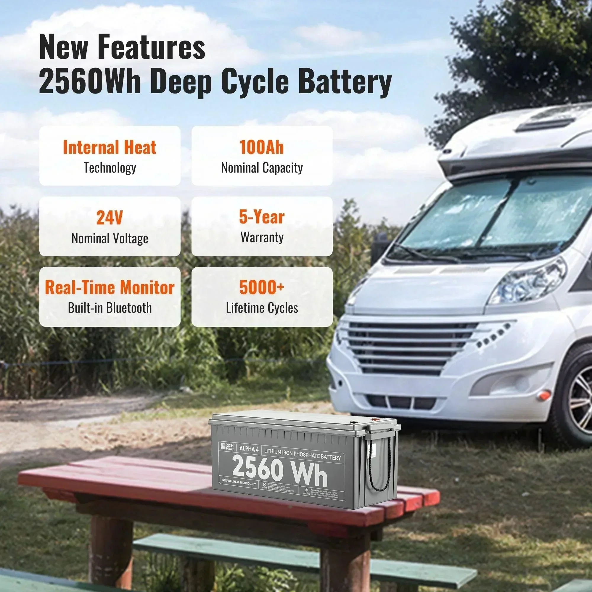 Rich Solar ALPHA 4 | 24V 100Ah LiFePO4 Battery | Powerful 12V Lithium Battery for RVs, Trailers, Vans, Boats, Off-Grid | 5,000 Lifetime Cycles | Bluetooth and Internal Heat Technology - Image 5