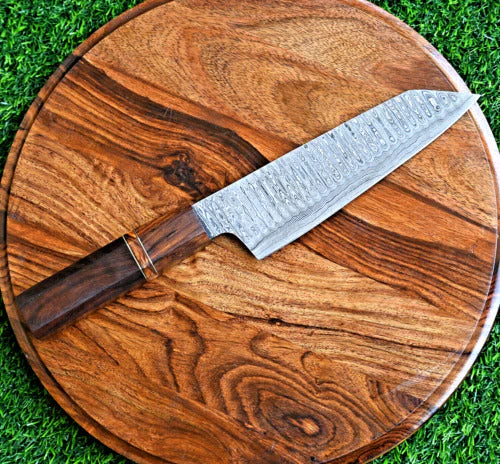 Artisan Edge: Custom Handmade Santoku Knife with Damascus Steel Blade, Rosewood Handle, and Leather Roll - Image 2