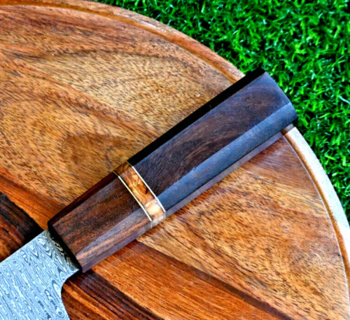 Artisan Edge: Custom Handmade Santoku Knife with Damascus Steel Blade, Rosewood Handle, and Leather Roll - Image 3