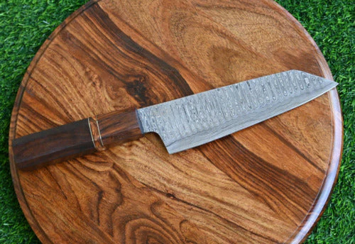 Artisan Edge: Custom Handmade Santoku Knife with Damascus Steel Blade, Rosewood Handle, and Leather Roll - Image 4