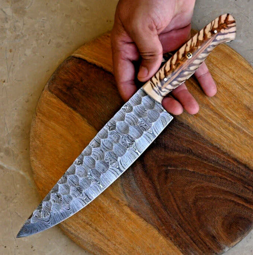 Artisan’s Choice: Custom Handmade Chef’s Knife with Damascus Steel Blade and Epoxy Pine-cone Handle, 13-Inch with Leather Sheath - Image 2