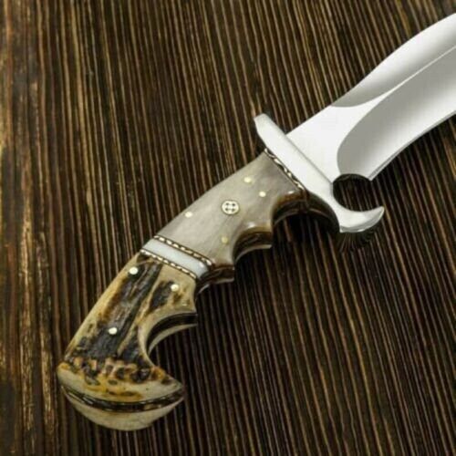 Artisan’s Edge: Custom Handmade Hunting Knife with D2 Steel Blade, Sheep Horn and Antler Horn Handle, Steel Guard, Brass Inlay, and Leather Sheath - Image 3