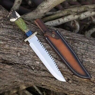 Artisan's Edge: Custom Handmade Hunting Bowie Knife with D2 Steel Blade, Green and Blue Exotic Wood, Antler Horn Handle, Brass Guard, and Leather Sheath - Image 2