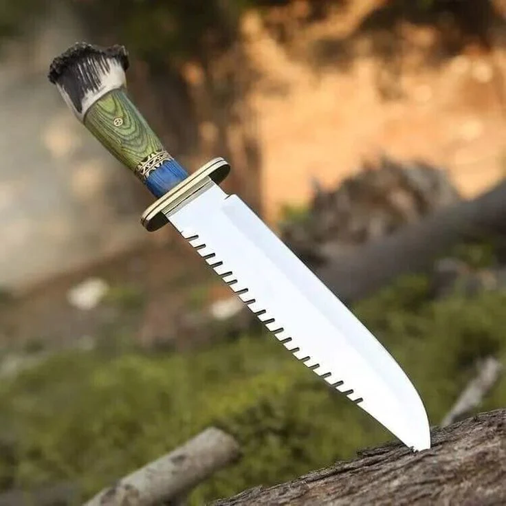 Artisan's Edge: Custom Handmade Hunting Bowie Knife with D2 Steel Blade, Green and Blue Exotic Wood, Antler Horn Handle, Brass Guard, and Leather Sheath - Image 3