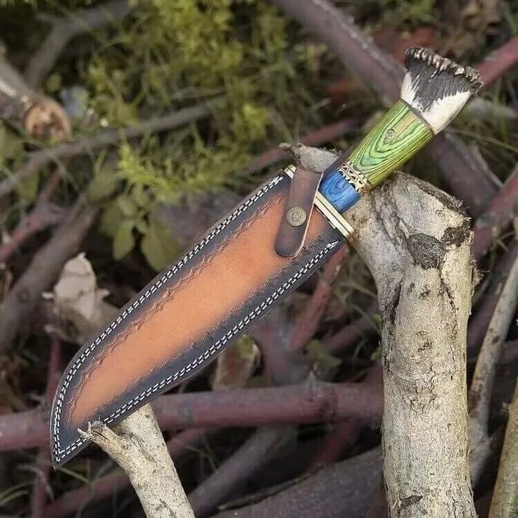 Artisan's Edge: Custom Handmade Hunting Bowie Knife with D2 Steel Blade, Green and Blue Exotic Wood, Antler Horn Handle, Brass Guard, and Leather Sheath - Image 4