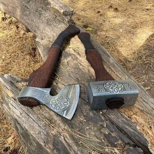 Battle Axe Set: Tomahawk and Hammer with Custom Handmade Forged Engraved 1095 Steel Blade – Warrior's Duo - Image 4