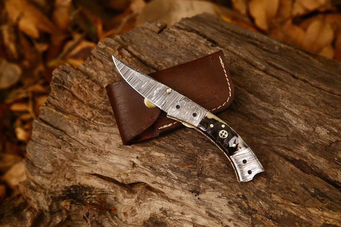 Best Custom Handmade Damascus Steel EDC Folding Pocket Knife | 3-Inch Blade, Sheep Horn Handle, Leather Case | Ideal Gift for Any Occasion by KBS Knives - Image 2