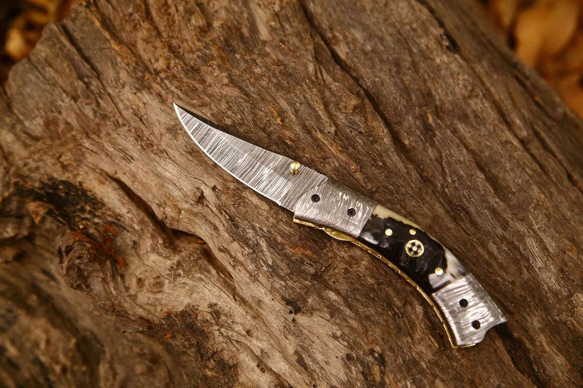 Best Custom Handmade Damascus Steel EDC Folding Pocket Knife | 3-Inch Blade, Sheep Horn Handle, Leather Case | Ideal Gift for Any Occasion by KBS Knives - Image 3