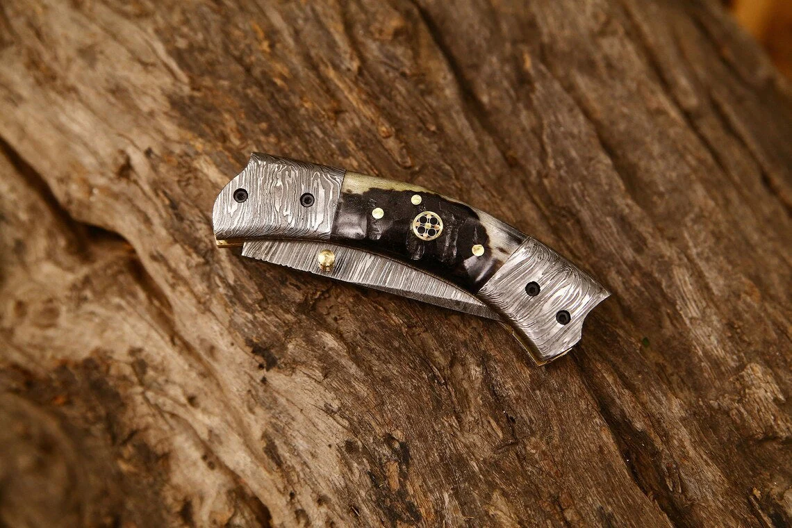 Best Custom Handmade Damascus Steel EDC Folding Pocket Knife | 3-Inch Blade, Sheep Horn Handle, Leather Case | Ideal Gift for Any Occasion by KBS Knives - Image 4