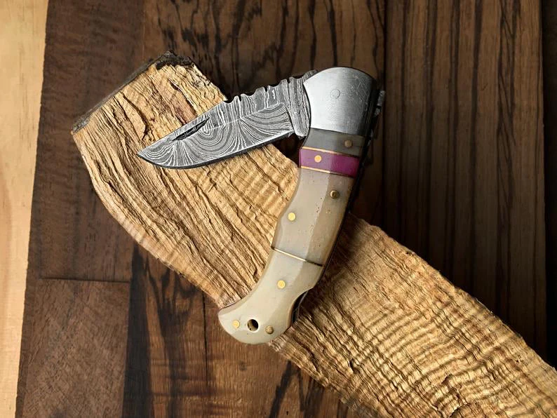 Best Damascus Steel Folding Pocket Knife with Bone and Color Wood Spacers Handle, 3 Inches Blade Length and Leather Case - For Sale by KBS Knives Store. - Image 2