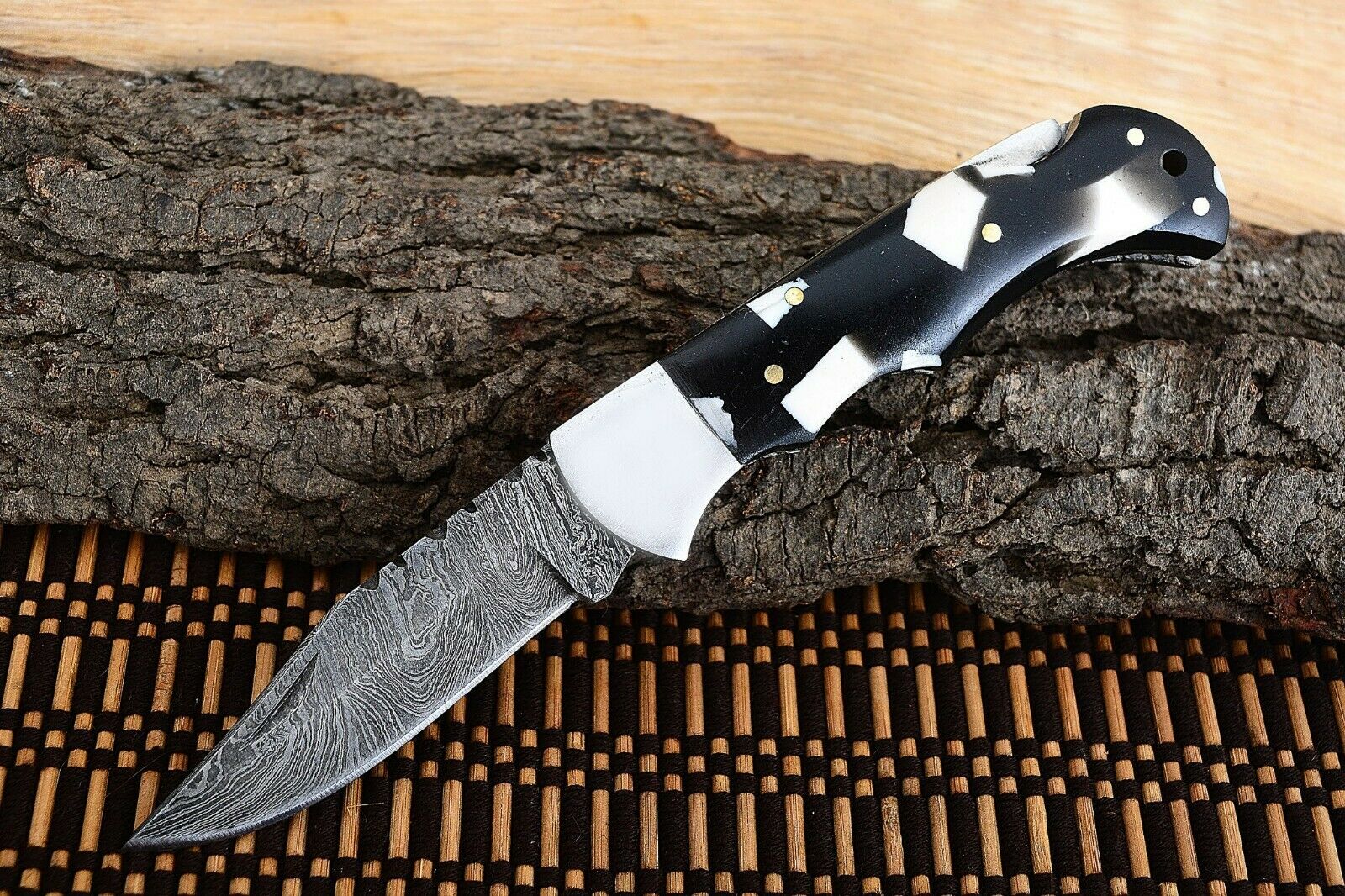 Best Folding Pocket Knife with Black and White Epoxy Resin and Steel Bolster Handle, 3-inch Blade Length - Image 2