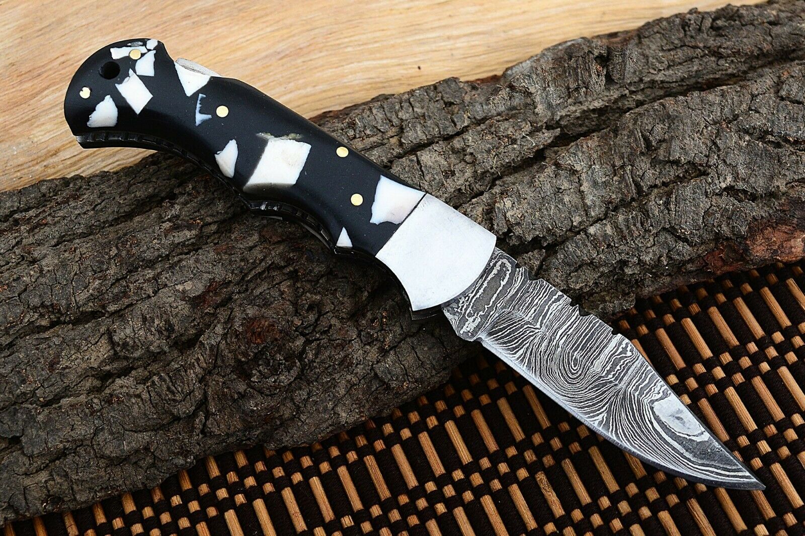 Best Folding Pocket Knife with Black and White Epoxy Resin and Steel Bolster Handle, 3-inch Blade Length - Image 3