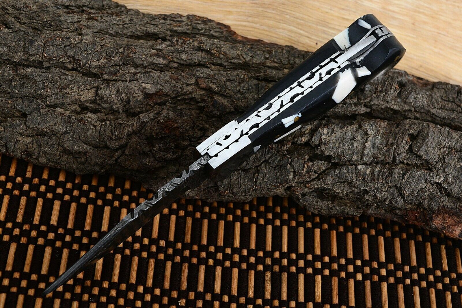 Best Folding Pocket Knife with Black and White Epoxy Resin and Steel Bolster Handle, 3-inch Blade Length - Image 4