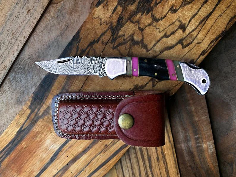Best Folding Pocket Knife with Buffalo Horn and Color Wood Spacers Handle, 3 Inches Blade Length and Leather Case - For Sale by KBS Knives Store. - Image 2