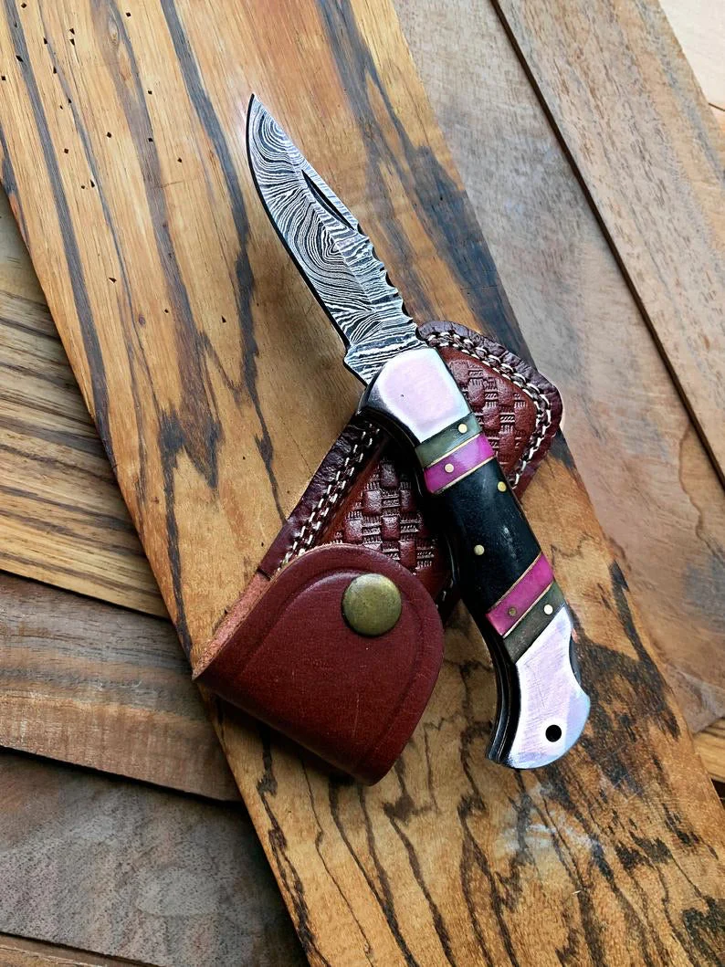 Best Folding Pocket Knife with Buffalo Horn and Color Wood Spacers Handle, 3 Inches Blade Length and Leather Case - For Sale by KBS Knives Store. - Image 3