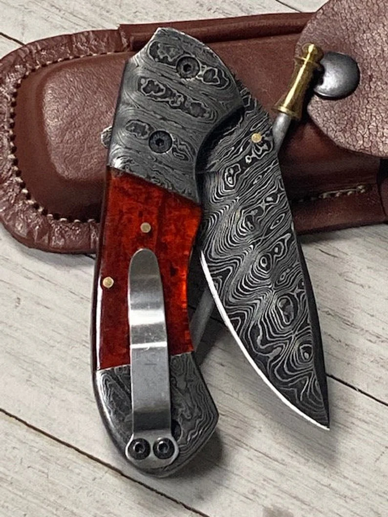 Best Folding Pocket Knife with Pocket Clip and Epoxy Resin Handle, 3.2 Inches Blade Length and Leather Case - For Sale by KBS Knives Store - Image 2