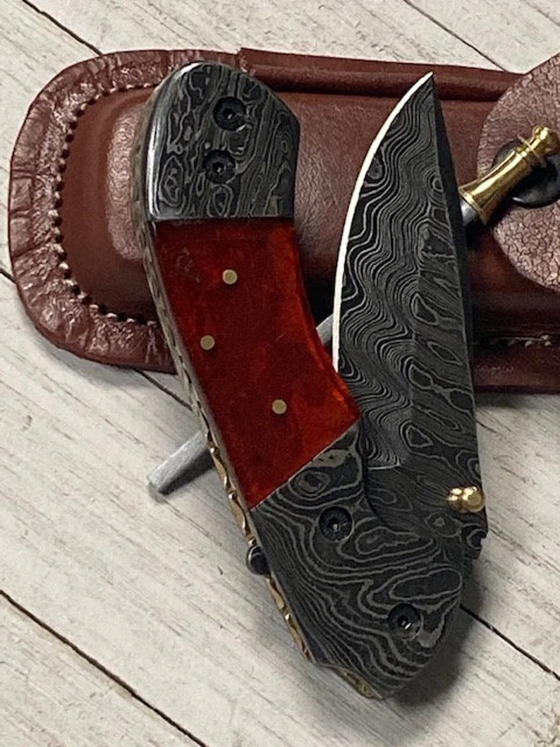 Best Folding Pocket Knife with Pocket Clip and Epoxy Resin Handle, 3.2 Inches Blade Length and Leather Case - For Sale by KBS Knives Store - Image 3