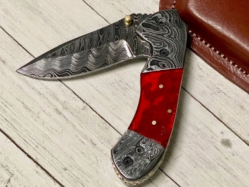 Best Folding Pocket Knife with Pocket Clip and Epoxy Resin Handle, 3.2 Inches Blade Length and Leather Case - For Sale by KBS Knives Store - Image 4