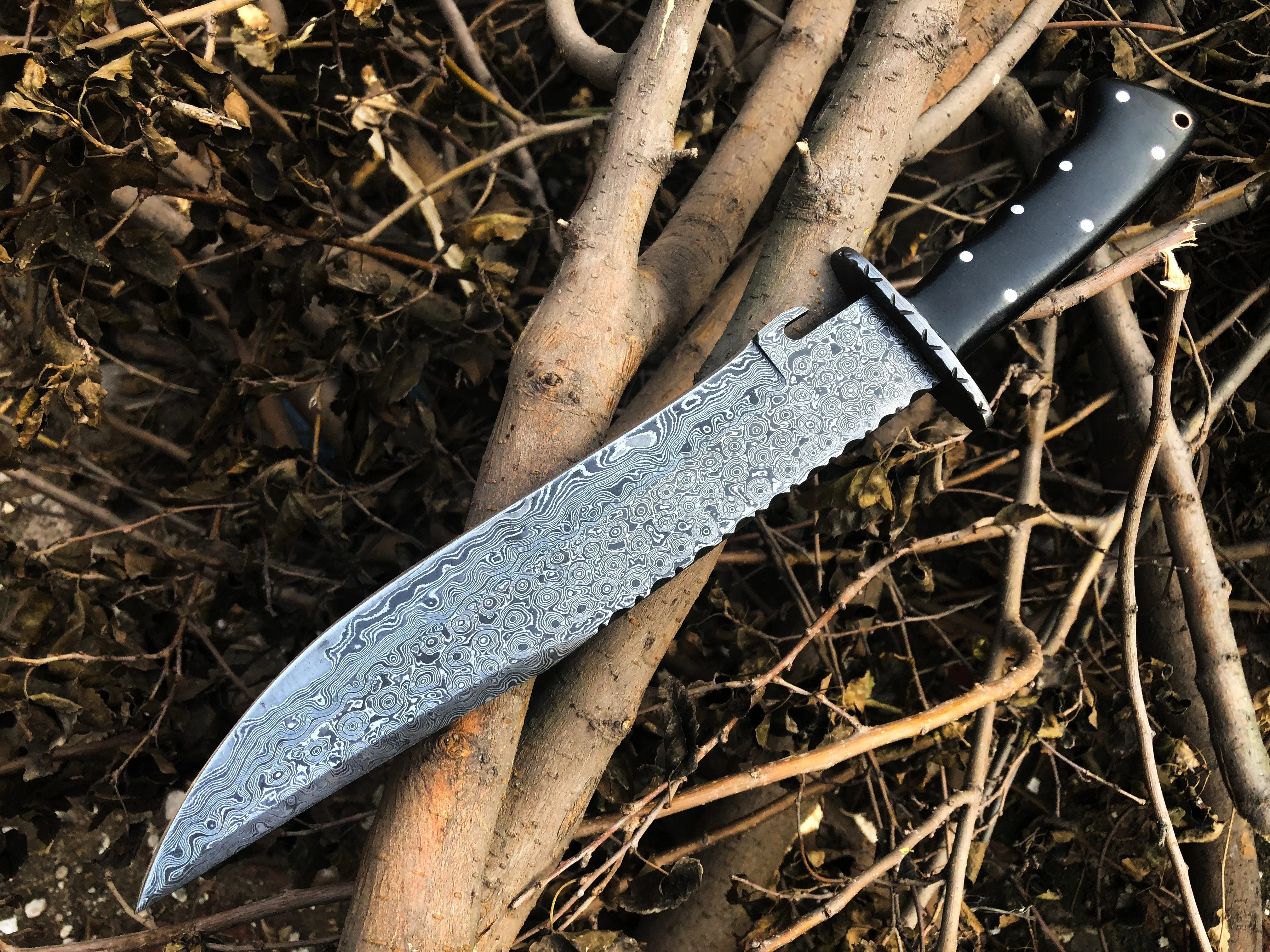 "Best Hunting Big Bowie Knife | Full Tang Raindrop Damascus Blade | Canvas Micarta & Damascus Guard Handle | 17 Inches | Leather Sheath | KBS Knives Store" - Image 2