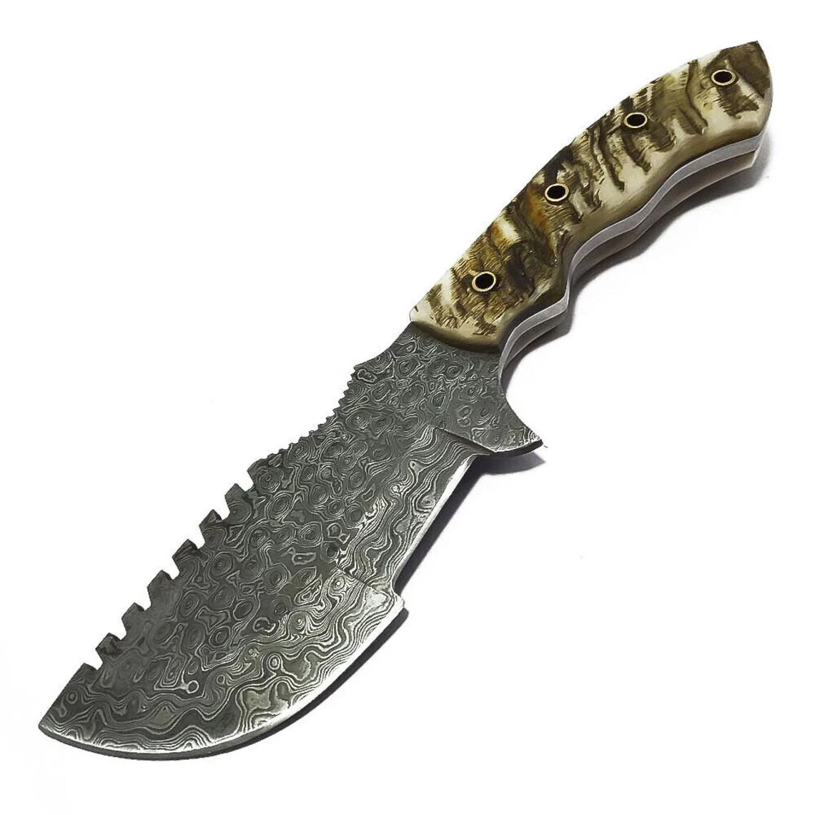 Best Tracker Knife – Handmade Raindrop Damascus with Sheep Horn Handle - Image 2