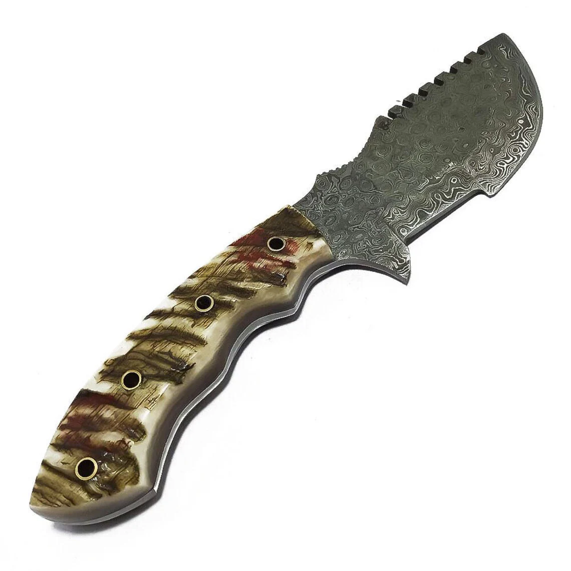 Best Tracker Knife – Handmade Raindrop Damascus with Sheep Horn Handle - Image 3