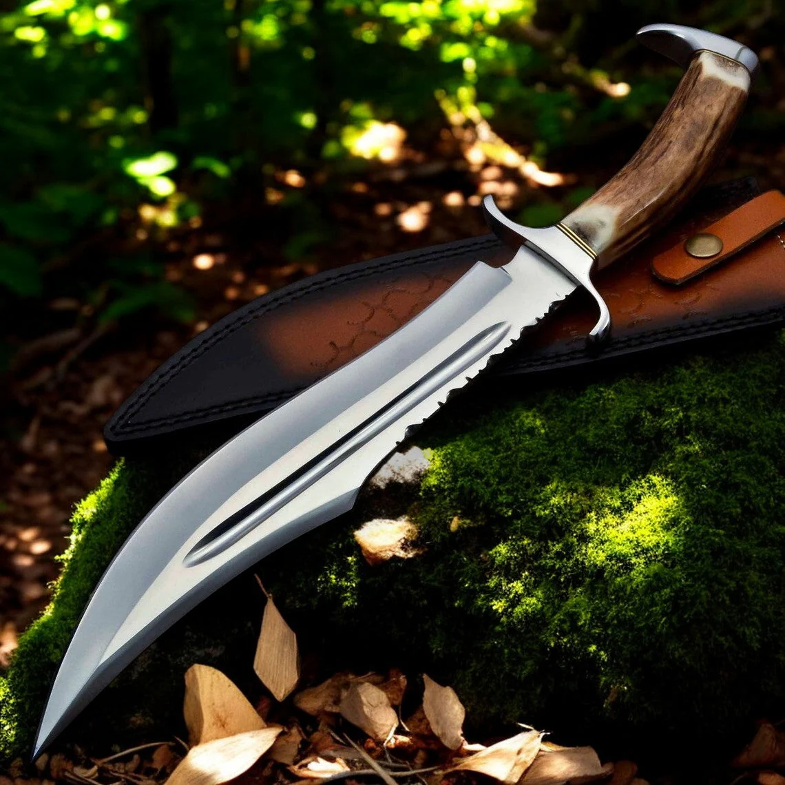 Bowie Knife With Antler Handles – 14" D2 Steel Blade With Blood Groove & Antler Handle - Image 2