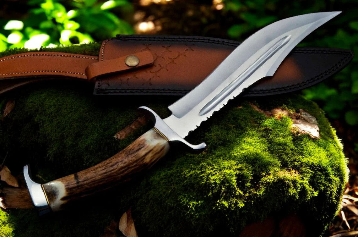 Bowie Knife With Antler Handles – 14" D2 Steel Blade With Blood Groove & Antler Handle - Image 3