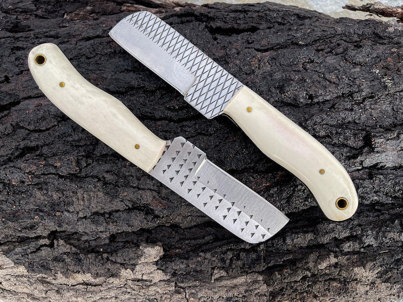 Bull Cutter Knife For Sale, 8.25-Inch Knife with Rasp Tool Steel Full Tang Blade, Bone Handle, and Leather Sheath - Image 2