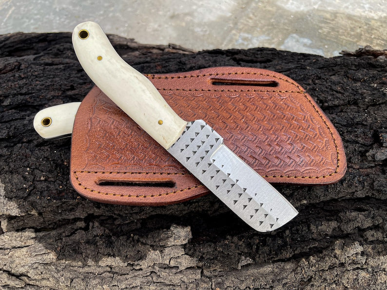 Bull Cutter Knife For Sale, 8.25-Inch Knife with Rasp Tool Steel Full Tang Blade, Bone Handle, and Leather Sheath - Image 3