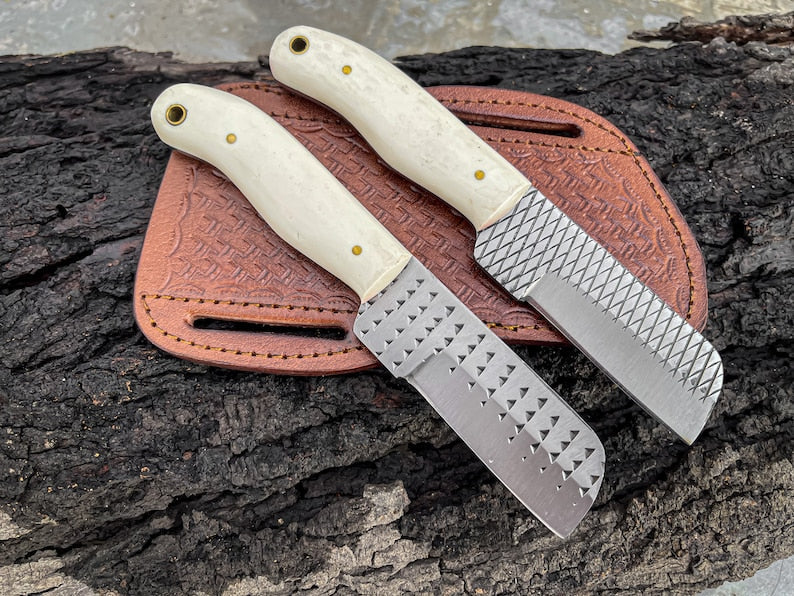 Bull Cutter Knife For Sale, 8.25-Inch Knife with Rasp Tool Steel Full Tang Blade, Bone Handle, and Leather Sheath - Image 4
