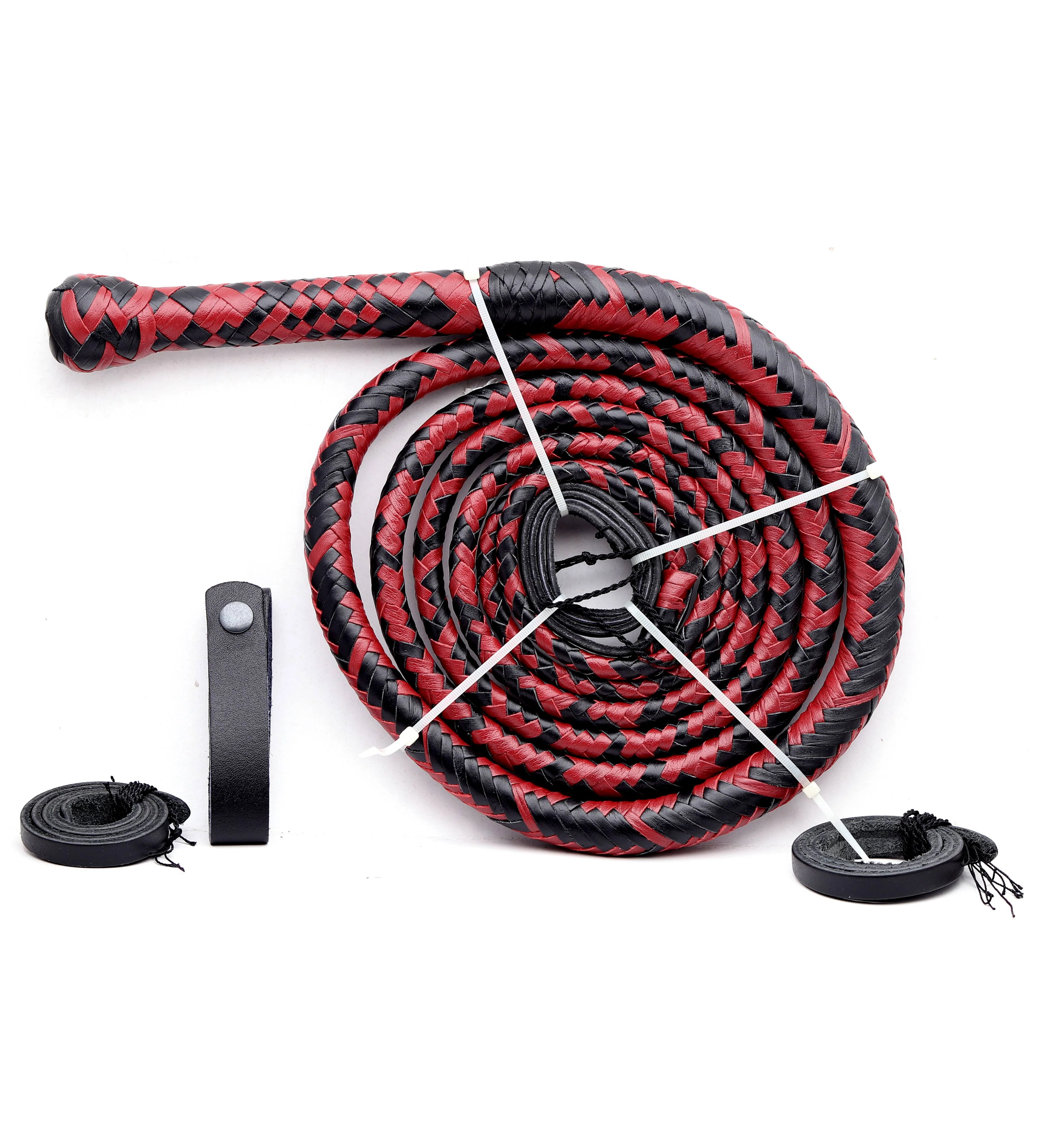 Red & Black Leather Bull Whip – Handmade Performance Whip - Image 4