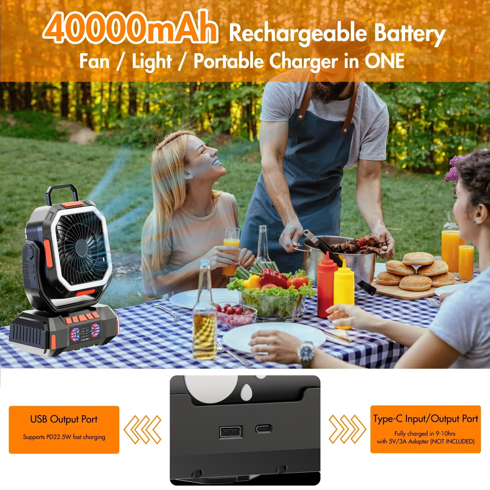 Camping Fan 40000mAh Rechargeable with LED Light Power Bank - Image 5
