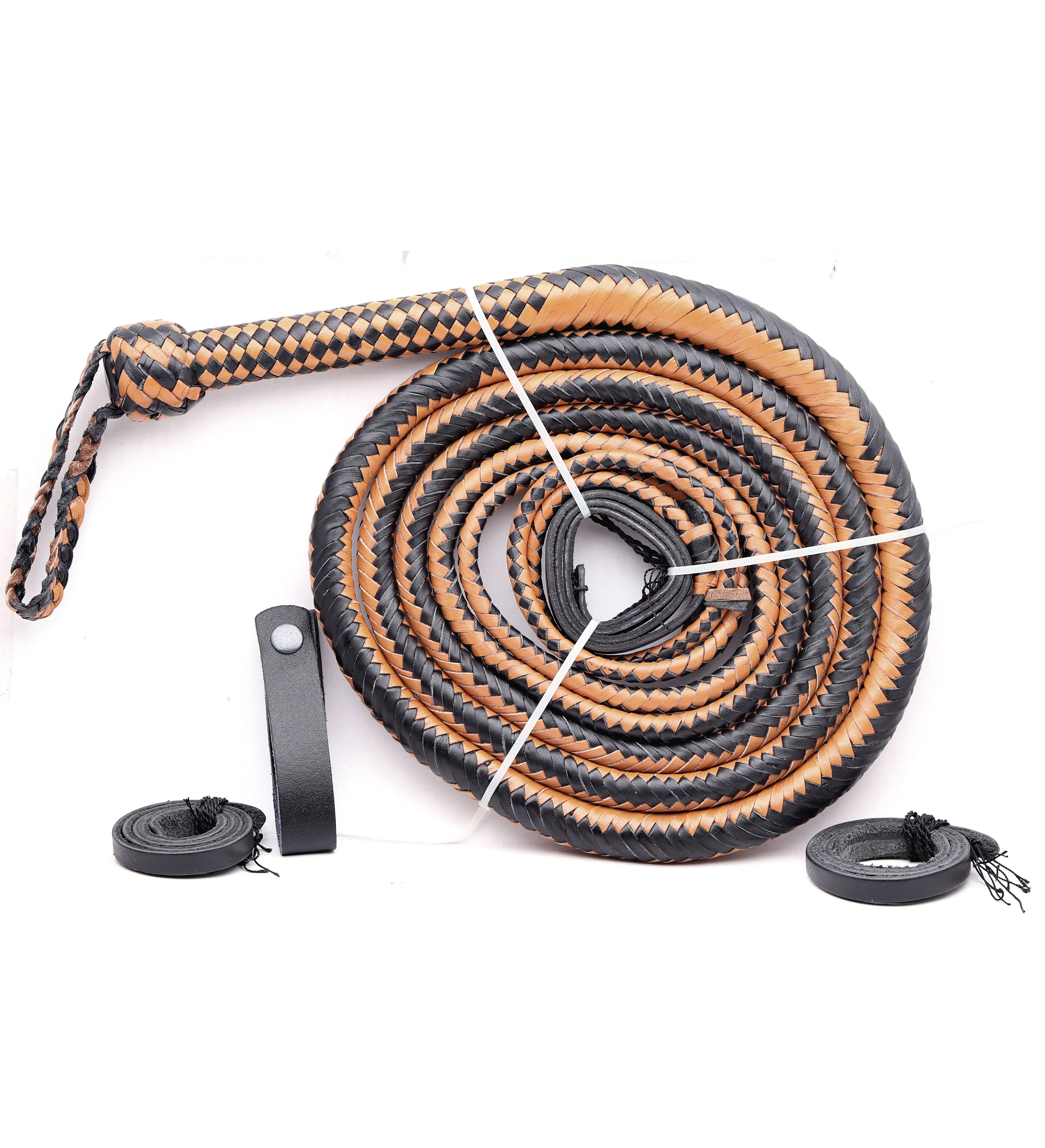 Tan & Black Leather Bull Whip – Handmade 16-Plait Performance Whip
