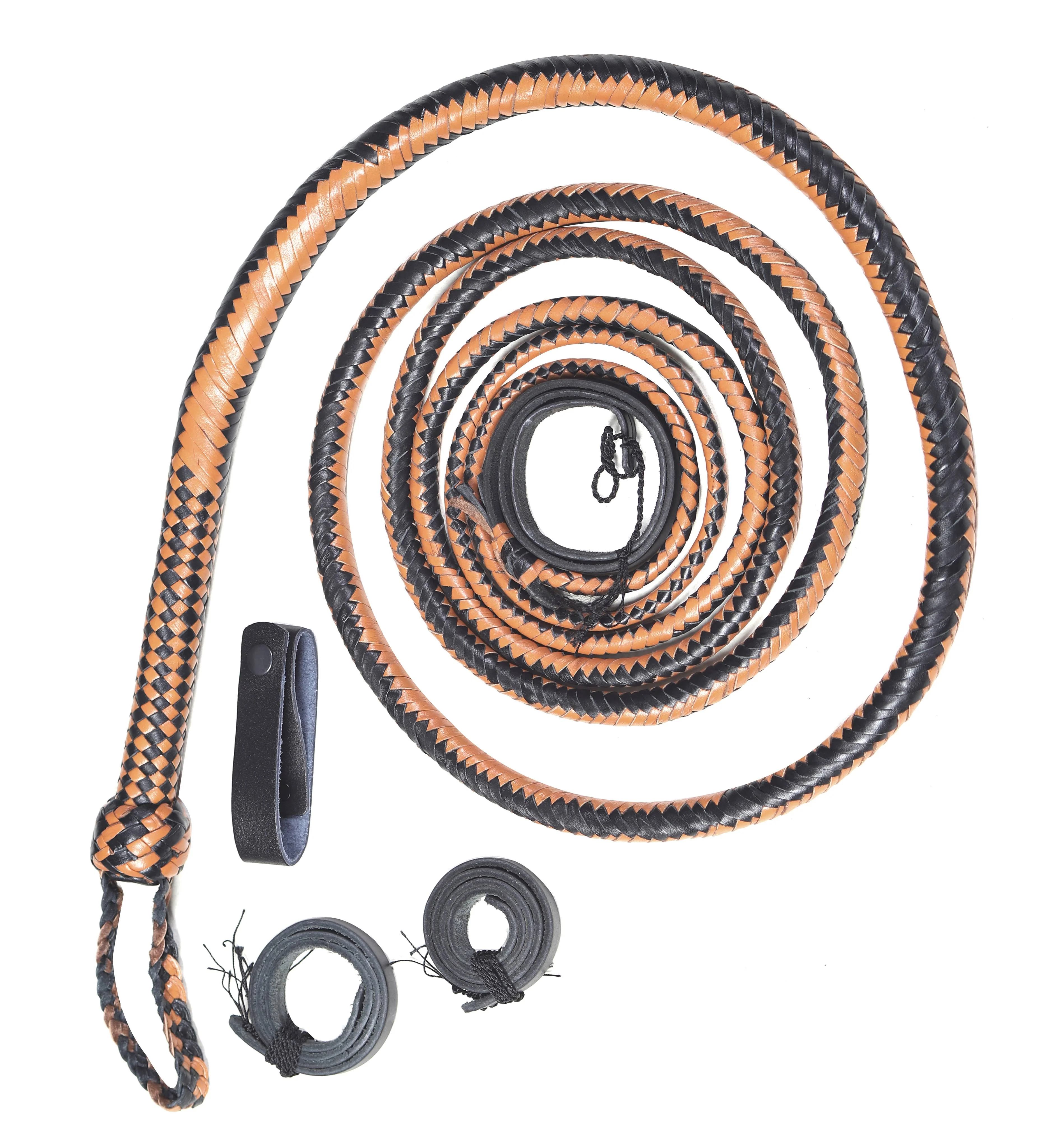 Tan & Black Leather Bull Whip – Handmade 16-Plait Performance Whip - Image 2