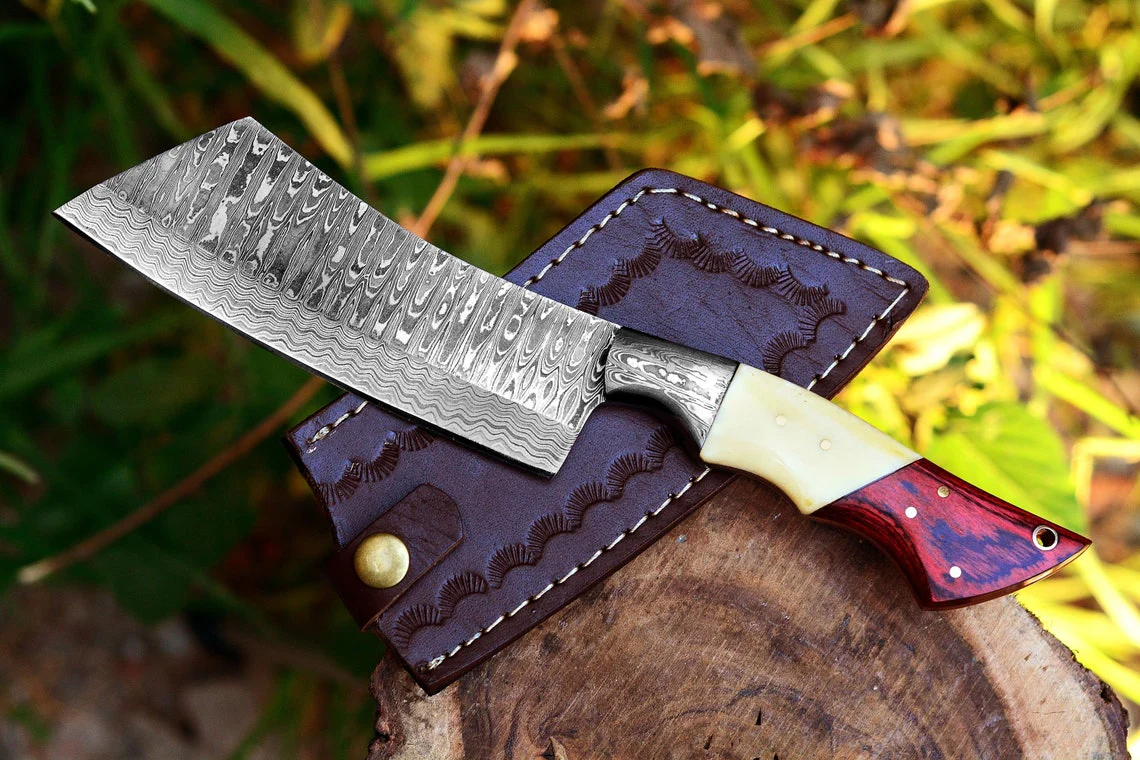 Cleaver Knife with Full Tang Damascus Steel Blade and Exotic Pakka Wood, Bone, and Damascus Bolster - 10.5 Inches - Image 2