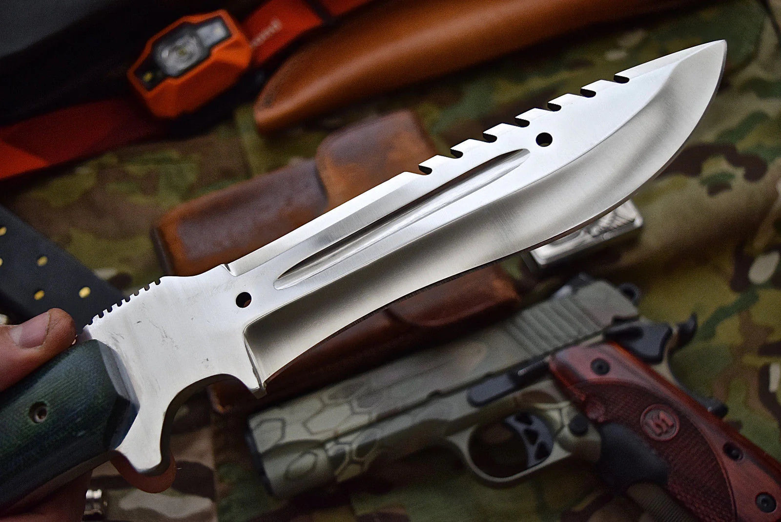 Combat Bushcraft Survival Camping Knife - Custom Handcrafted D2 Mirror Polished Steel Blade, Micarta G10 Handle, 13.5" Overall Length | Leather Sheath | KBS Knives - Image 2