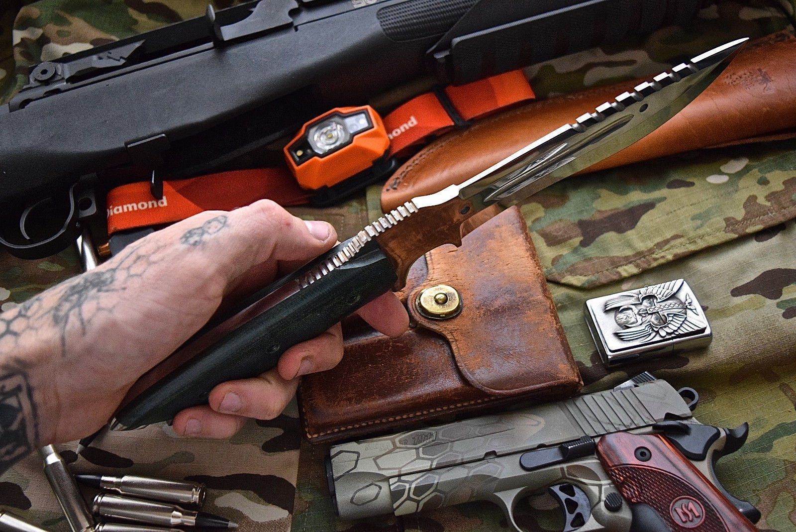 Combat Bushcraft Survival Camping Knife - Custom Handcrafted D2 Mirror Polished Steel Blade, Micarta G10 Handle, 13.5" Overall Length | Leather Sheath | KBS Knives - Image 4