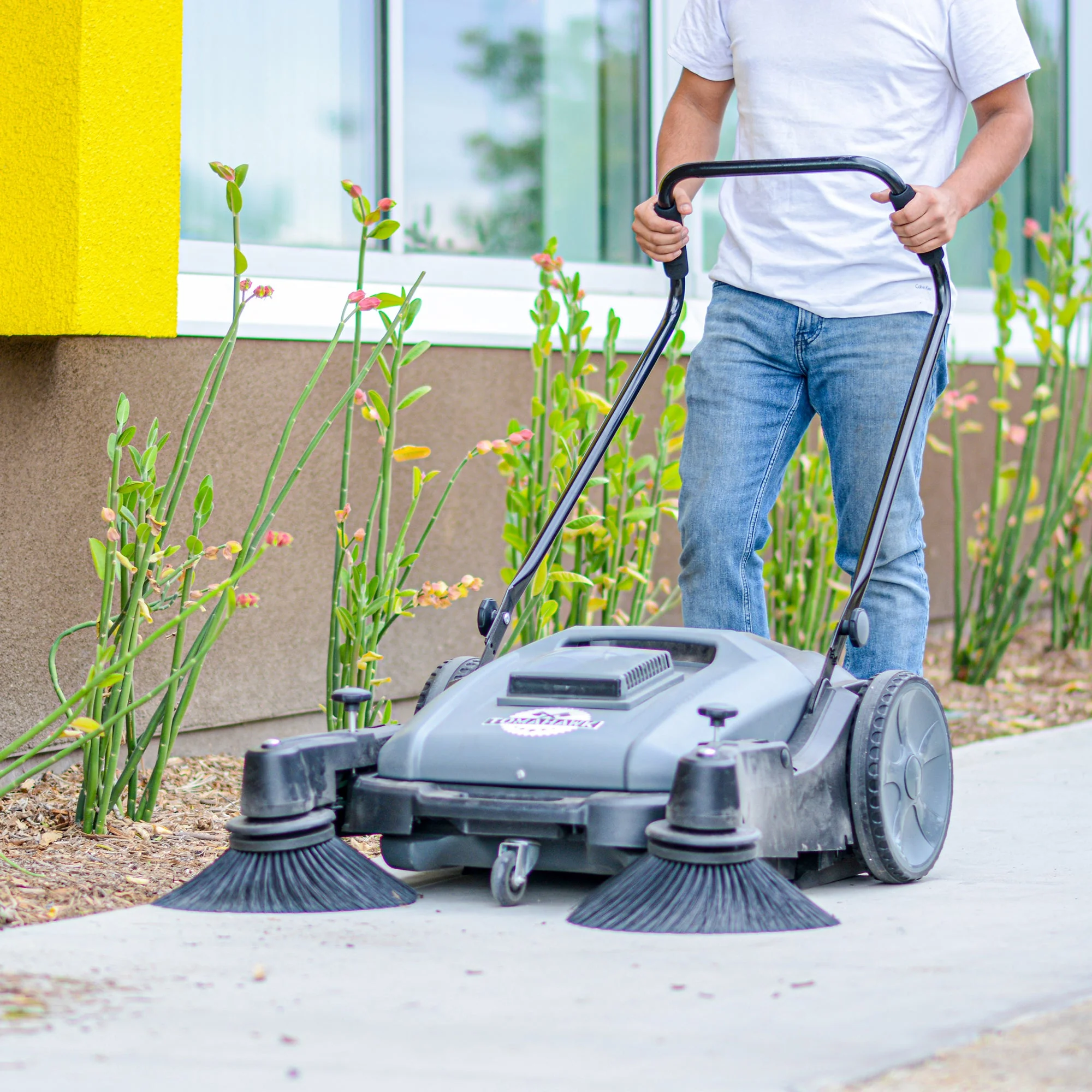 Commercial 38" Push Sweeper with Triple Power Brooms - Image 2